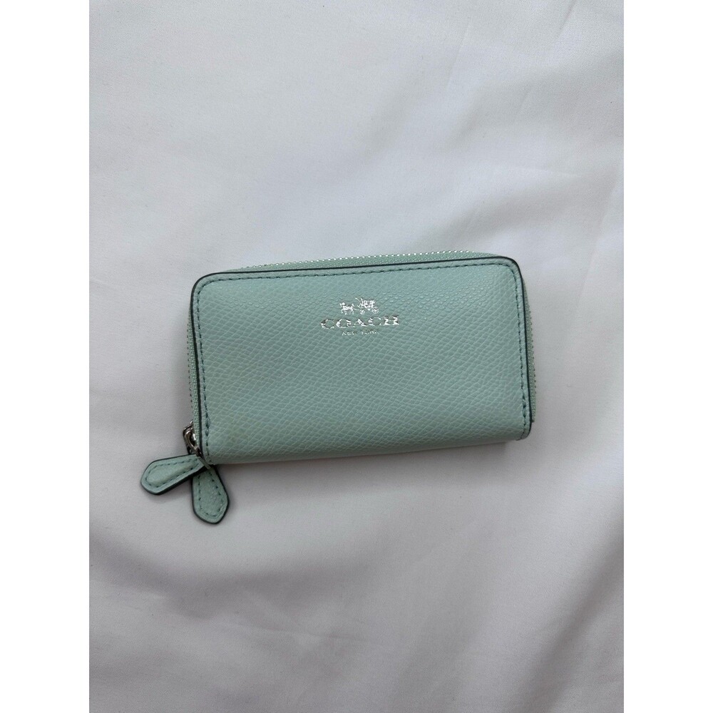Coach Small Zip Around Pebbled Leather Wallet Card Holder Case Light Green Pool